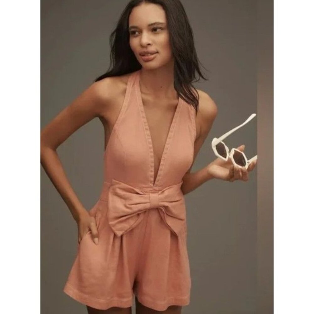 New Anthropologie Maeve Linen Romper Halter Peach Shorts Size 12